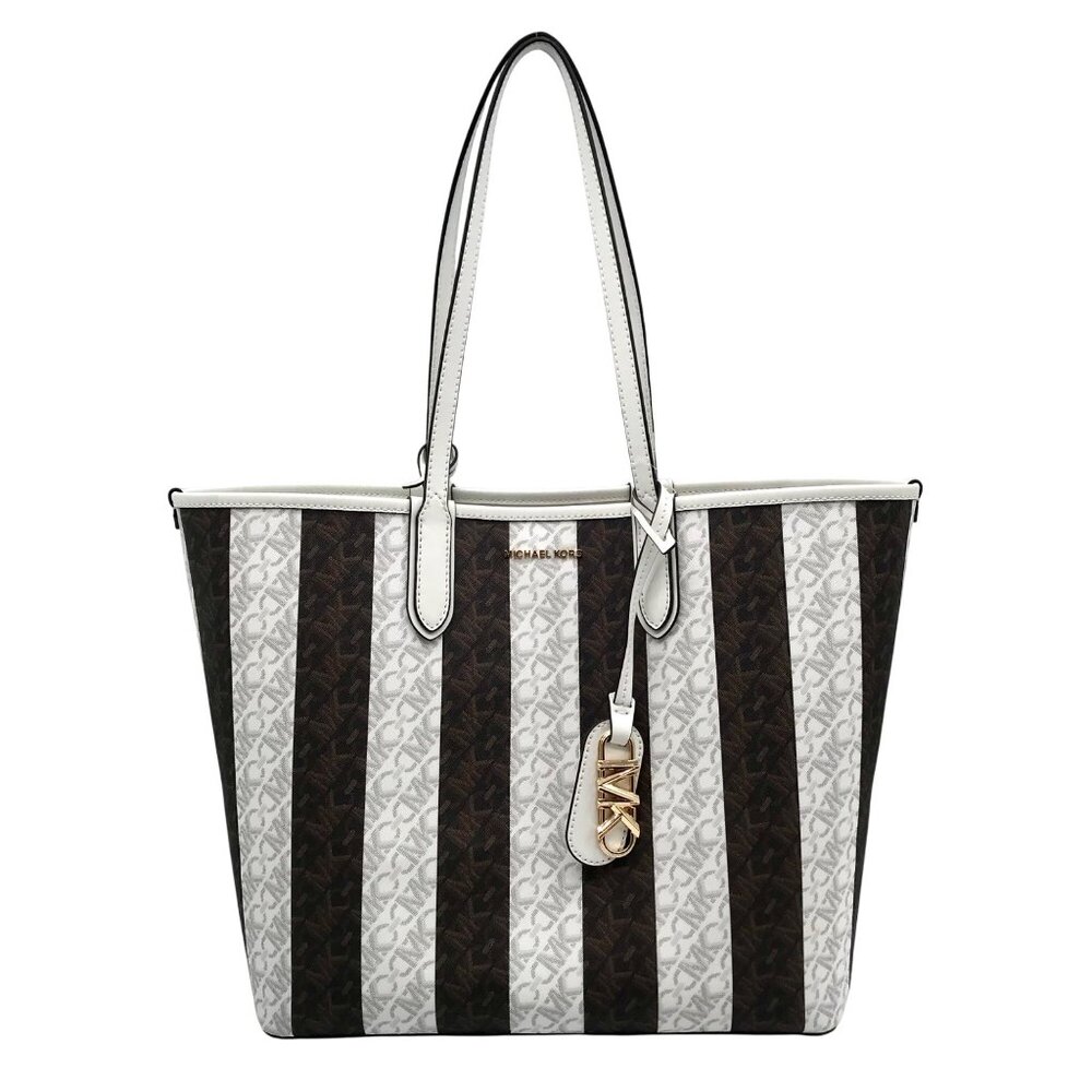 Michael Kors White & Brown Large Eliza East West Reversible Tote & Wallet